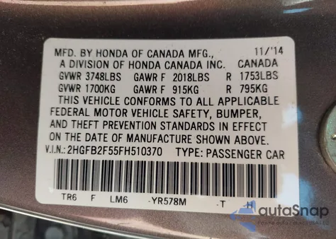 2015 Honda Civic Lx from USA, damaged, VIN 2HGFB2F55FH510370